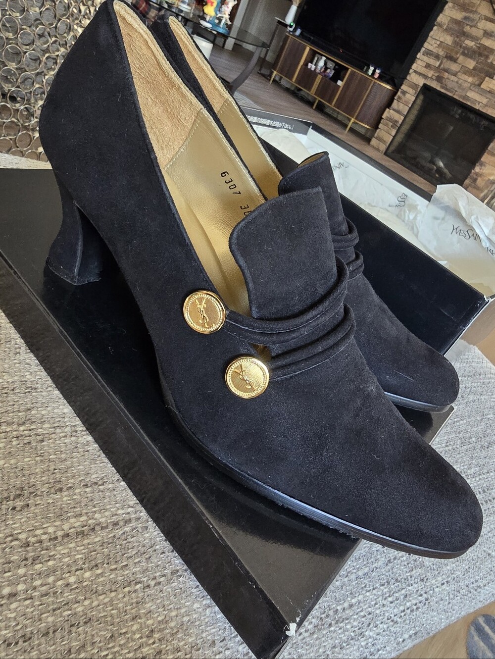 Authentic Saint Laurent Inspired Black Suede Heeled Loafers with Gold Buttons